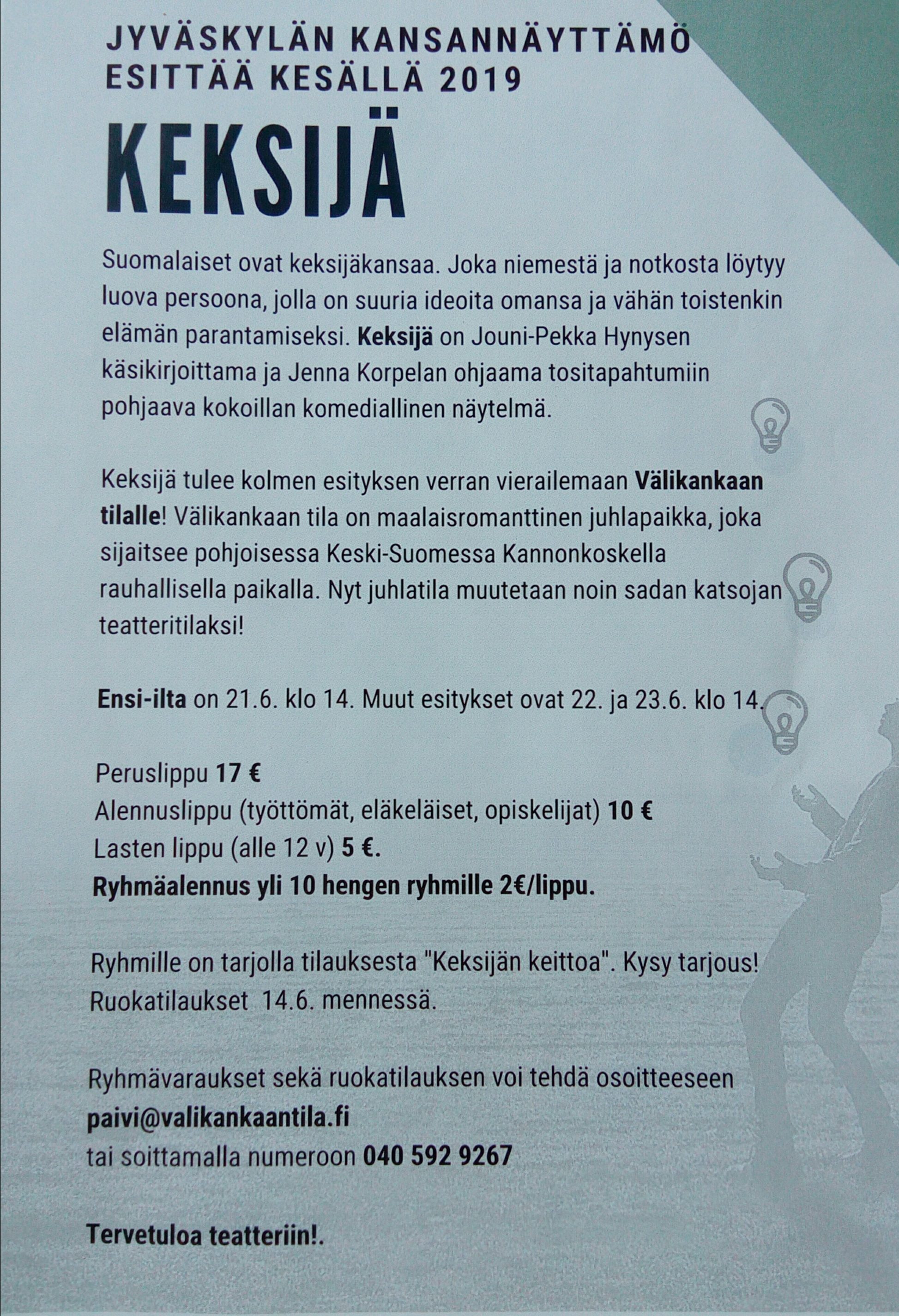 Keksijä-näytelmän tapahtumatiedote